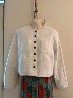 White Textured Crop Button Blazer